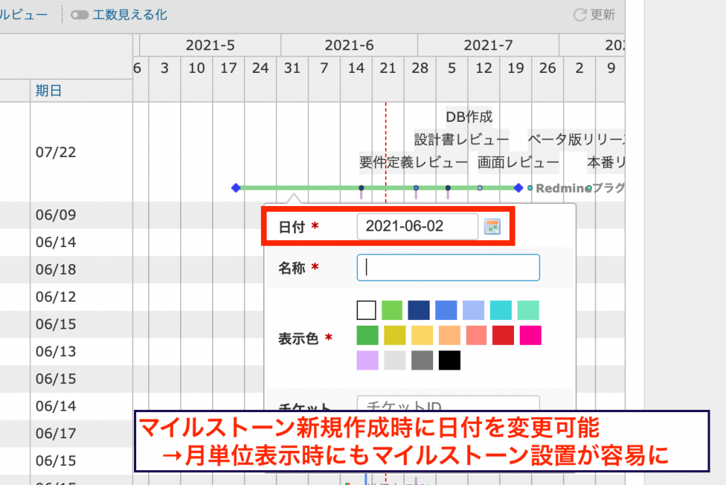 マイルストーン新規作成時の日付編集