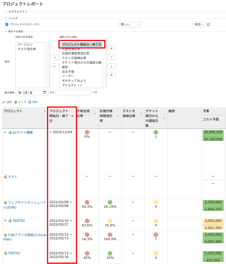 ［プロジェクト開始日・終了日］の追加