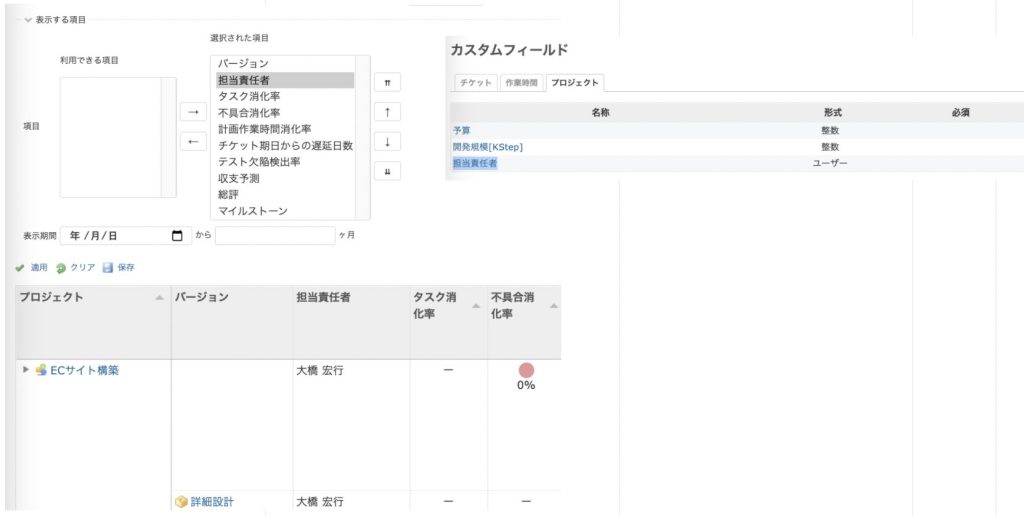 ユーザー型のカスタムフィールドがプロジェクトレポートで表示されるイメージ